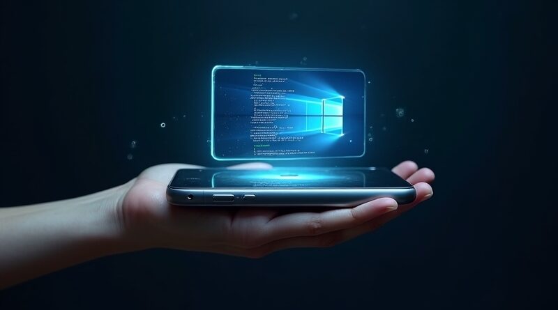 Dłoń trzyma iPhone'a z holograficznym pulpitem Maca. Granat, srebro, cyjanowe akcenty.