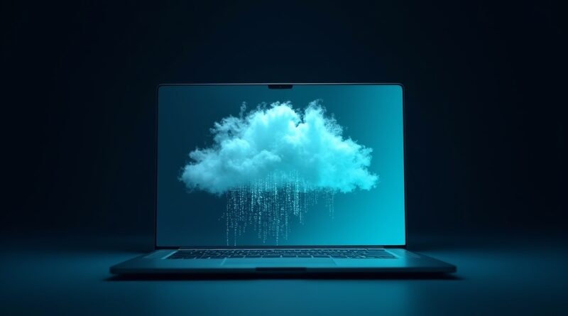 Elegancki laptop rozmywa się w kaskady kodu, przechodząc w świetlistą chmurę.