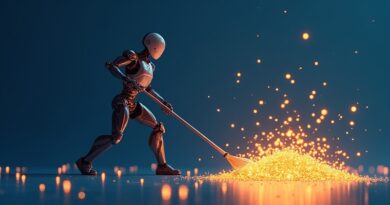 Algorytmiczny robot zmiatający świecące symbole AI slop, błękit i złoto.