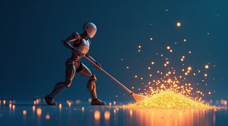 Algorytmiczny robot zmiatający świecące symbole AI slop, błękit i złoto.