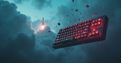 Bitwa na burzowym niebie: klawiatura, kod, rakieta SpaceX i logo OpenAI w cyberpunkowych barwach.