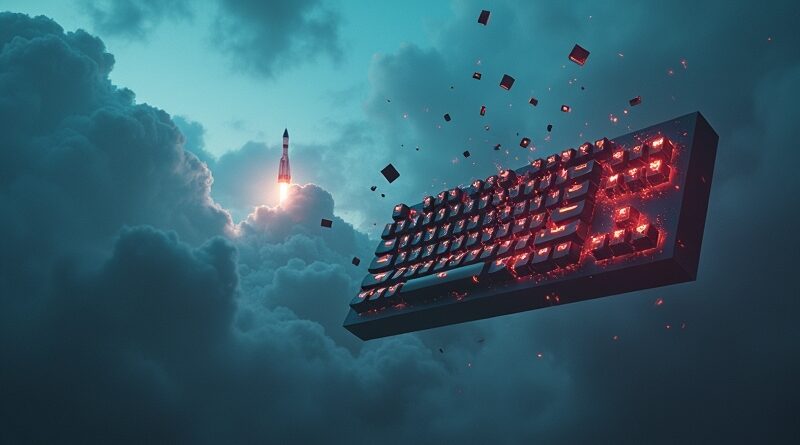 Bitwa na burzowym niebie: klawiatura, kod, rakieta SpaceX i logo OpenAI w cyberpunkowych barwach.