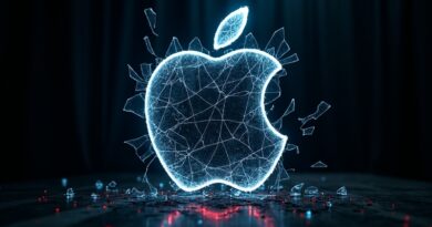 Rozbite logo Apple, niebieskie światło, czerwony kod, symbol cyberwojny i naruszenia bezpieczeństwa.