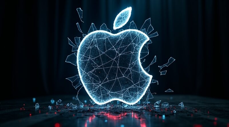 Rozbite logo Apple, niebieskie światło, czerwony kod, symbol cyberwojny i naruszenia bezpieczeństwa.