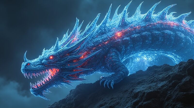 Potężny cyfrowy kryształowy smok z neonowymi obwodami oplatający walący się Zachodni firewall.