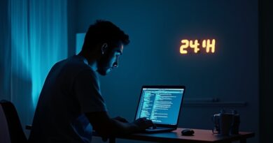 Badacz przed laptopem z kodem AI, zegar odlicza 24 godziny do cyberataku na Zoom.