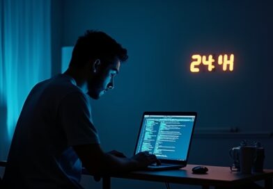 Badacz przed laptopem z kodem AI, zegar odlicza 24 godziny do cyberataku na Zoom.