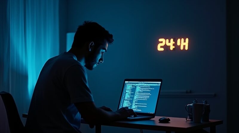 Badacz przed laptopem z kodem AI, zegar odlicza 24 godziny do cyberataku na Zoom.
