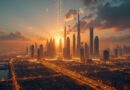 Futurystyczna panorama Abu Zabi i Dubaju o zmierzchu, świetliste obwody AI i złote tryby inwestycji publicznych.