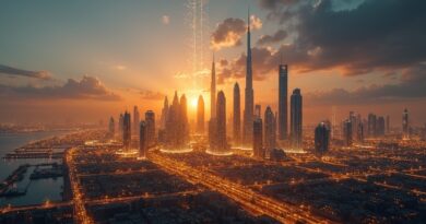 Futurystyczna panorama Abu Zabi i Dubaju o zmierzchu, świetliste obwody AI i złote tryby inwestycji publicznych.