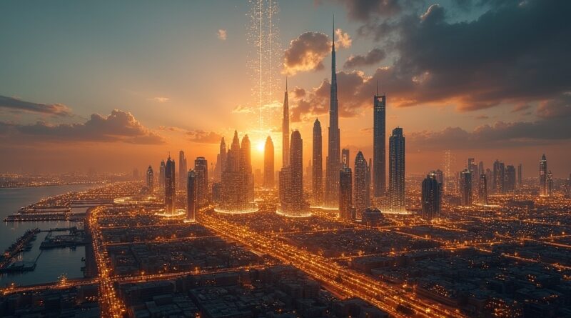 Futurystyczna panorama Abu Zabi i Dubaju o zmierzchu, świetliste obwody AI i złote tryby inwestycji publicznych.