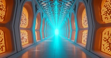 Futurystyczne centrum danych w Arabii Saudyjskiej z akceleratorami Qualcomm i arabeskowymi wzorami.