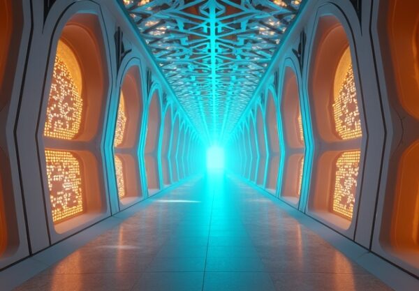 Futurystyczne centrum danych w Arabii Saudyjskiej z akceleratorami Qualcomm i arabeskowymi wzorami.