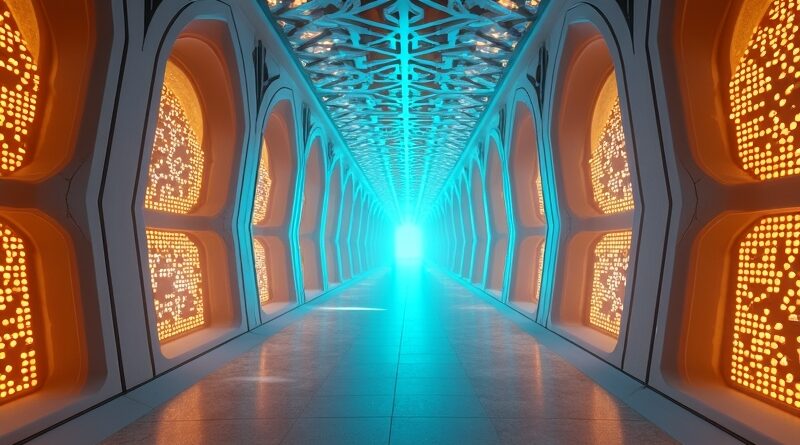 Futurystyczne centrum danych w Arabii Saudyjskiej z akceleratorami Qualcomm i arabeskowymi wzorami.