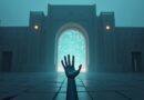 Szklana robotyczna dłoń dociera do świetlistej bramy z barierami, tło akademickie, nieudana próba dostępu.