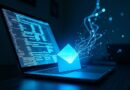 Monitor emituje cyfrowe macki w stronę koperty w mrocznym cyberpunkowym gabinecie.