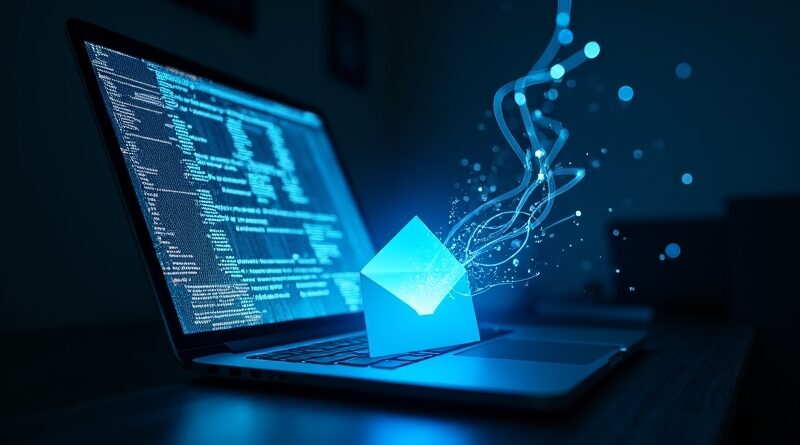 Monitor emituje cyfrowe macki w stronę koperty w mrocznym cyberpunkowym gabinecie.
