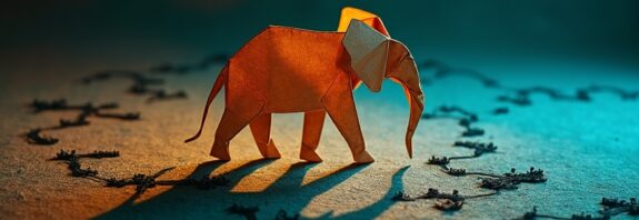 Origami słoń, ciemny stół, ogromny cień z miniaturowymi krajobrazami i mechanizmami, bursztynowo-morska paleta.