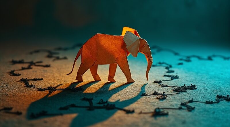 Origami słoń, ciemny stół, ogromny cień z miniaturowymi krajobrazami i mechanizmami, bursztynowo-morska paleta.