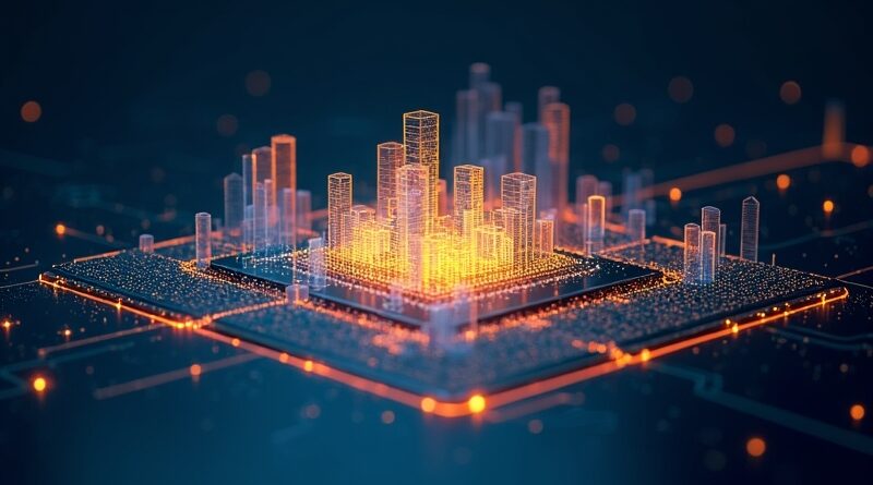 Świecący trójwymiarowy świat wireframe wyłania się z krzemowego wafla, bursztynowo-cyjanowe ścieżki neuronowe.