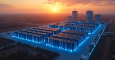 Lotnicze ujęcie centrum danych Anthropic w Teksasie o złotej godzinie, z niebieskimi serwerami i chłodniami.