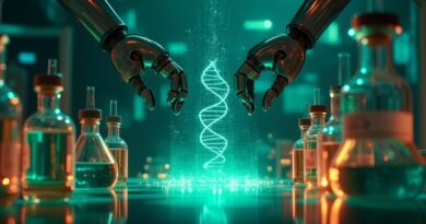 Robotyczne ramiona w futurystycznym laboratorium, świecące fiolki, hologram AI z helisą DNA i obwodami.