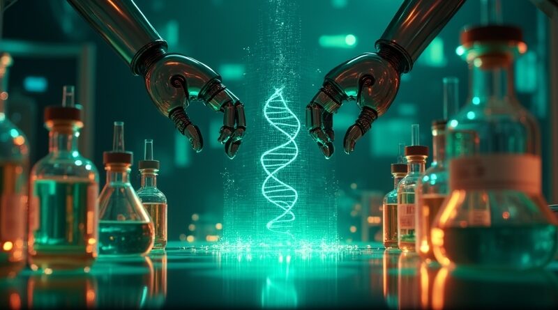 Robotyczne ramiona w futurystycznym laboratorium, świecące fiolki, hologram AI z helisą DNA i obwodami.