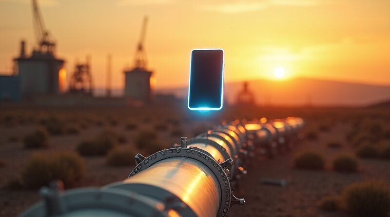 Smartfon nad rurociągiem, emitujący niebieskie fale 450 MHz o zmierzchu.