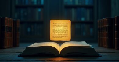 Nocna biblioteka prawnicza, złoty akapit nad otwartą księgą, symbole AI i prawa w mroku.