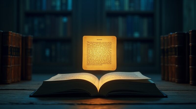 Nocna biblioteka prawnicza, złoty akapit nad otwartą księgą, symbole AI i prawa w mroku.
