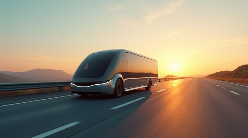 Nowoczesna, minimalistyczna autonomiczna ciężarówka na autostradzie o złotej godzinie.