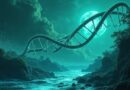 Helisa DNA nad lasem, oceanem i lodem, rozpadająca się w świecące rzeki danych.