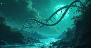 Helisa DNA nad lasem, oceanem i lodem, rozpadająca się w świecące rzeki danych.