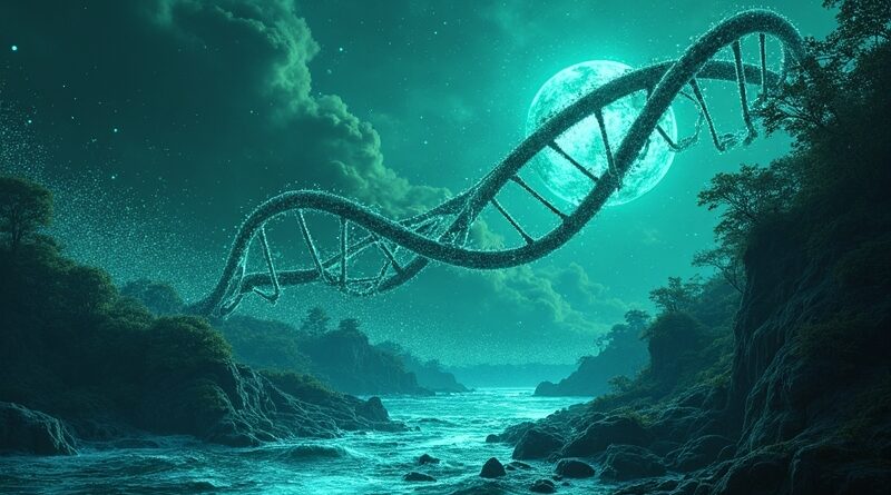 Helisa DNA nad lasem, oceanem i lodem, rozpadająca się w świecące rzeki danych.