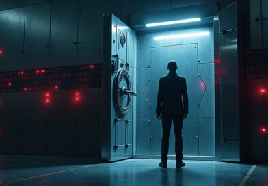Skarbiec korporacyjny uchylony, czerwone ostrzeżenia, postać odmawia, zimny klimat cyberbezpieczeństwa