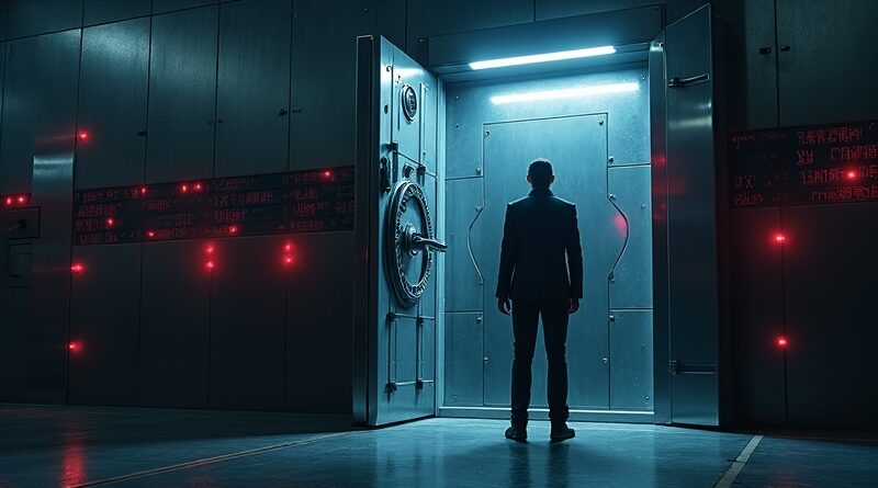 Skarbiec korporacyjny uchylony, czerwone ostrzeżenia, postać odmawia, zimny klimat cyberbezpieczeństwa