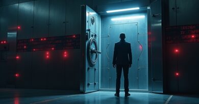 Skarbiec korporacyjny uchylony, czerwone ostrzeżenia, postać odmawia, zimny klimat cyberbezpieczeństwa