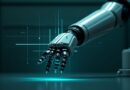 Ramię robota w ciemnym laboratorium, niebieskie linie trajektorii i holograficzne dane nad chwytakiem.