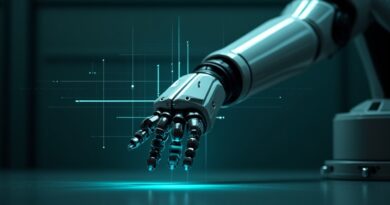 Ramię robota w ciemnym laboratorium, niebieskie linie trajektorii i holograficzne dane nad chwytakiem.