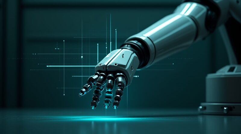 Ramię robota w ciemnym laboratorium, niebieskie linie trajektorii i holograficzne dane nad chwytakiem.