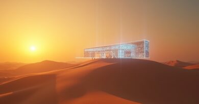 Cyfrowa szkoła nad pustynią połączona światłem z centrum danych AI z arabskimi wzorami