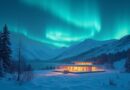 Neuronowa zorza Borealis nad fiordem i norweską biblioteką.