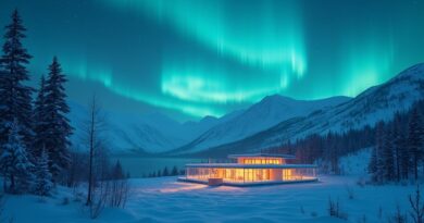 Neuronowa zorza Borealis nad fiordem i norweską biblioteką.