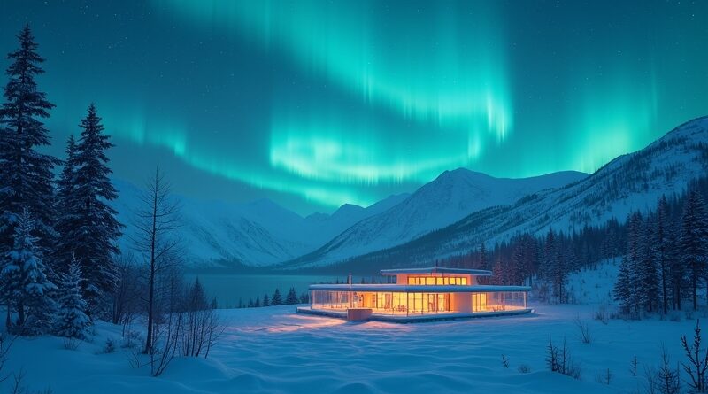 Neuronowa zorza Borealis nad fiordem i norweską biblioteką.
