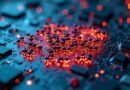 Świecące insekty boty AI pełzną po płytce obwodu w kształcie niemieckiej flagi, cyberpunk.