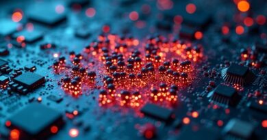 Świecące insekty boty AI pełzną po płytce obwodu w kształcie niemieckiej flagi, cyberpunk.