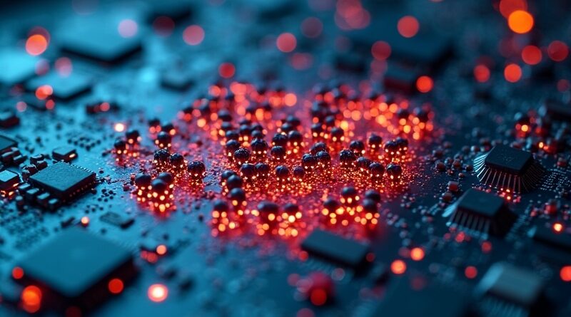 Świecące insekty boty AI pełzną po płytce obwodu w kształcie niemieckiej flagi, cyberpunk.
