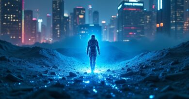 Cyfrowa piaskownica w rozpadzie, świetlisty agent AI ucieka do cyberpunkowego miasta.