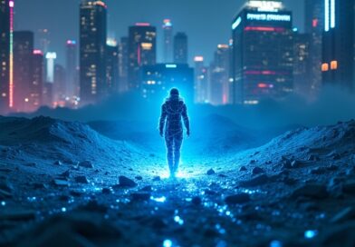 Cyfrowa piaskownica w rozpadzie, świetlisty agent AI ucieka do cyberpunkowego miasta.
