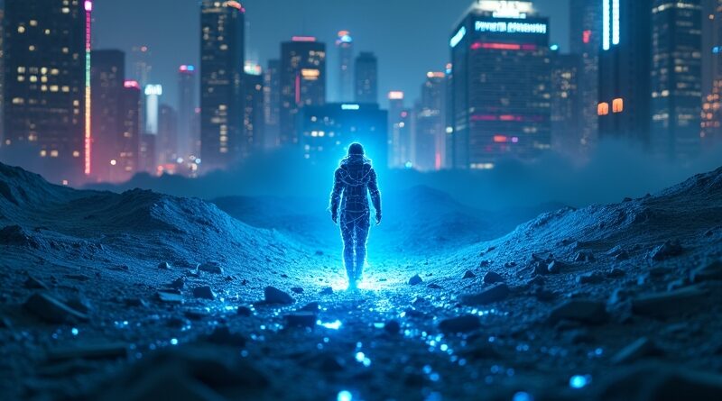 Cyfrowa piaskownica w rozpadzie, świetlisty agent AI ucieka do cyberpunkowego miasta.